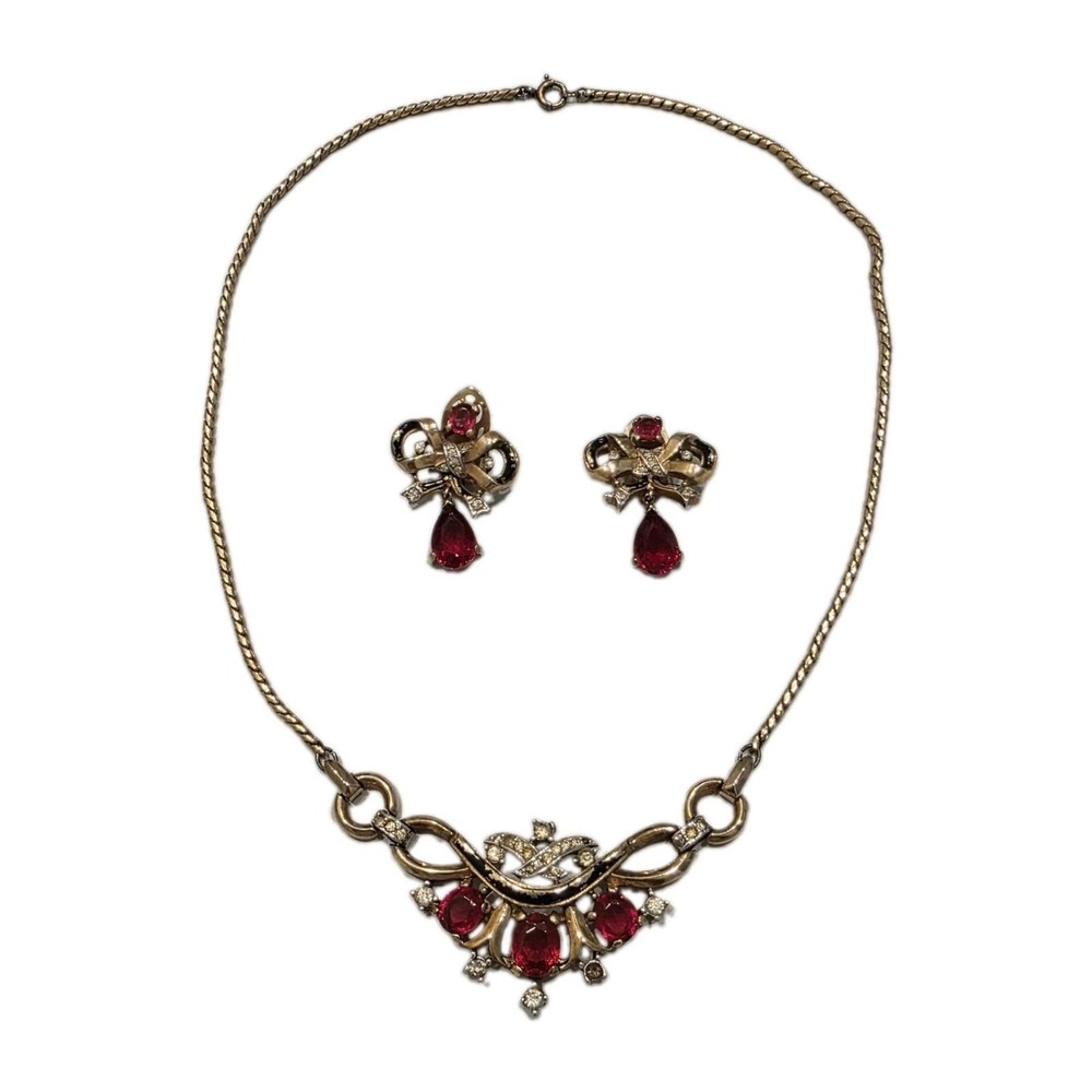 Vintage Trifari Alfred Philippe Ruby Bow Parure Necklace Earrings PAT PEND 18